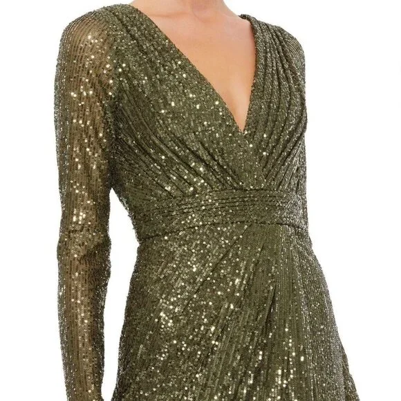 COPY - Mac Duggal Olive Green Long Sleeve Sequin Faux Wrap Gown